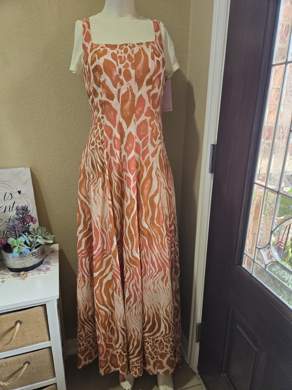 Sleeveless Maxi Dress in Rust, Coral & Cream Animal Print
